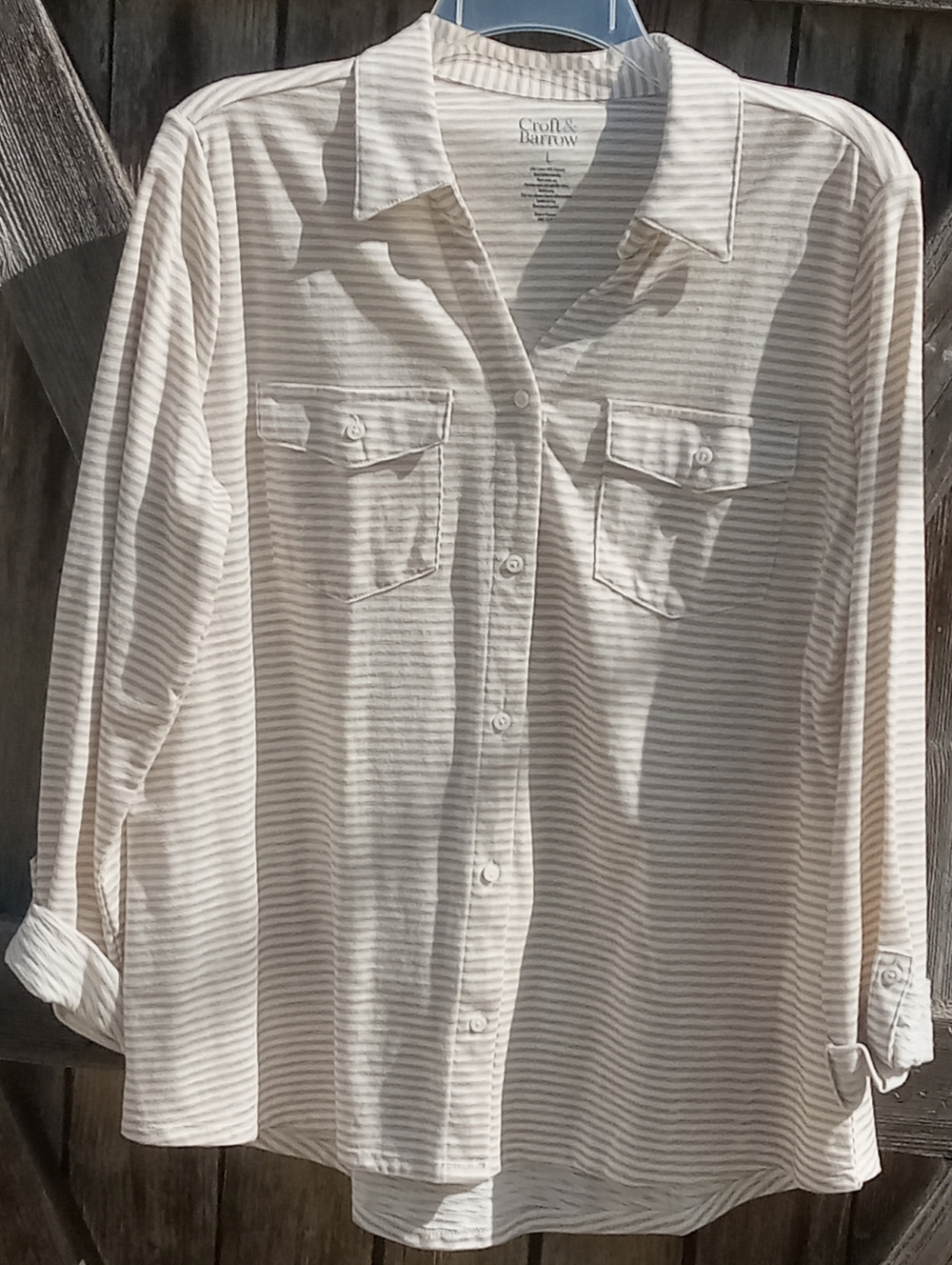 NWOT Croft & Barrow Soft Roll-Tab Shirt, Khaki Stripe, L
